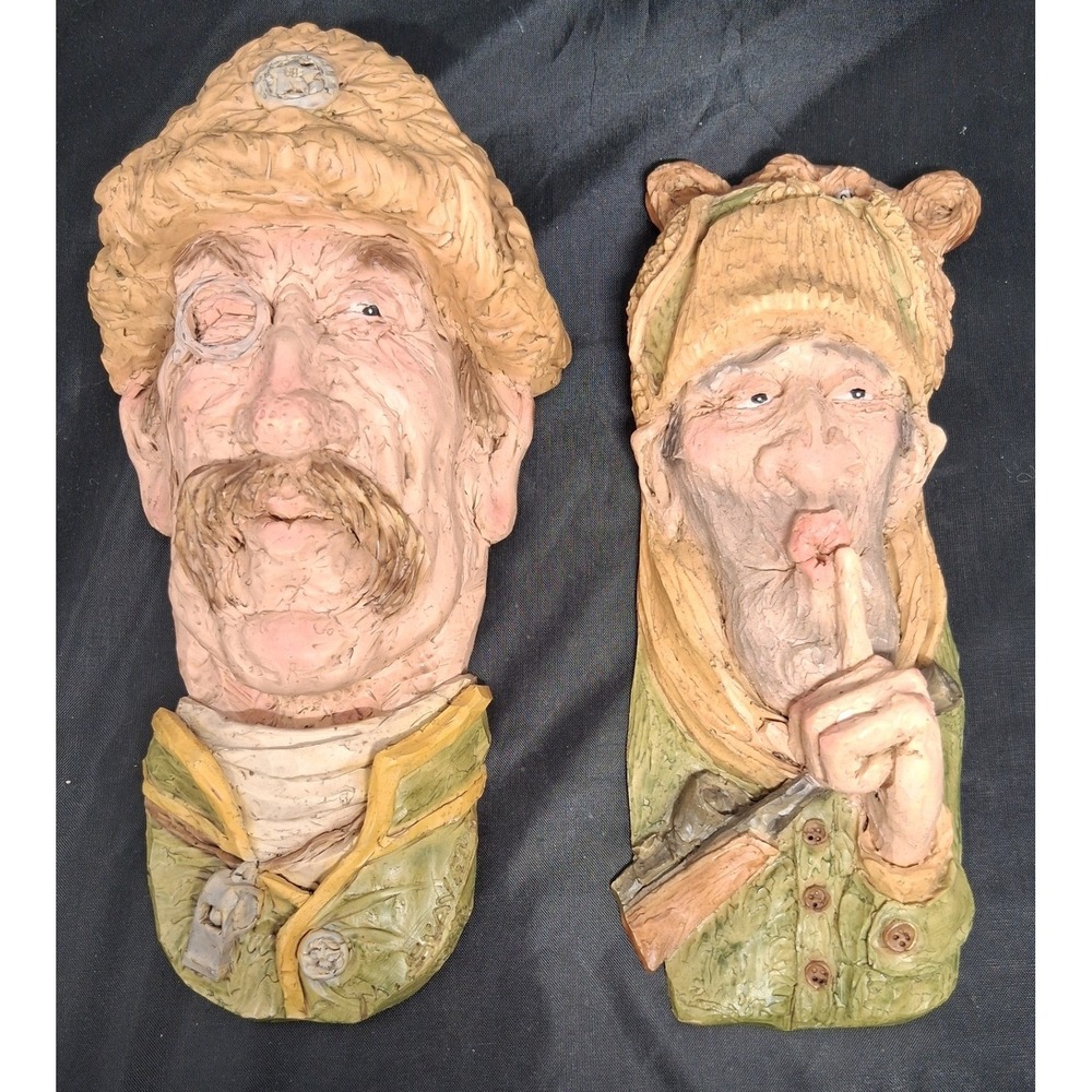 Vintage Whimsical Character Wall Plaques Set of 2 Resin Busts Lodge Decor 8 Inch